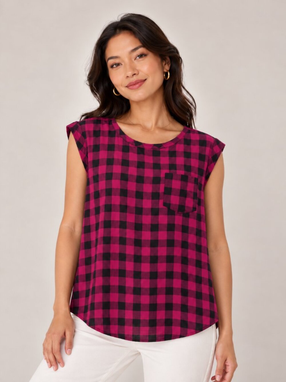 LOFT Calie Plaid Rolled Cuff Shell Black Burgundy Top Size M NWT